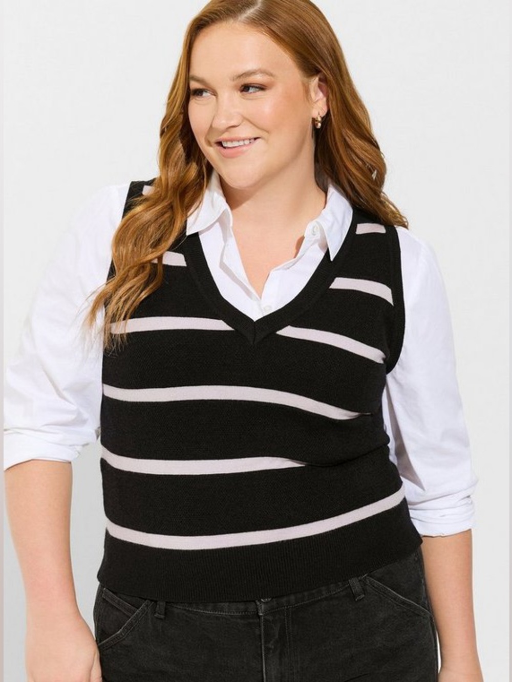 torrid Black V-Neck Sweater Vest with Light Pink/gret Stripes